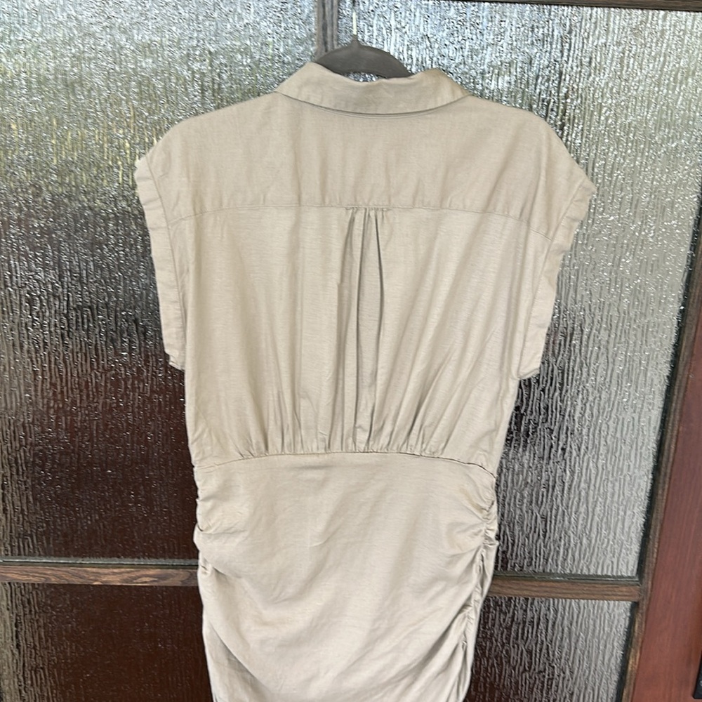 Anthropologie Tan Ruched Maxi Dress with Mandarin Collar size Mefium - Picture 8 of 12